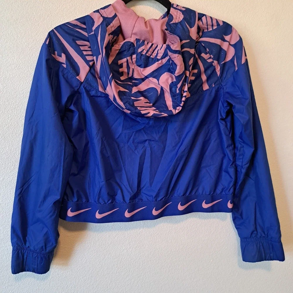 Nike Girls Windrunner Hooded Windbreaker Jacket Blue Pink Logo Print Size Large